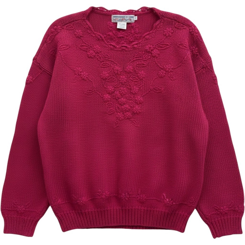 Cape Isle Knitters Hand Embroidered Floral 3D Knit Sweater Womens Small Pink VTG
